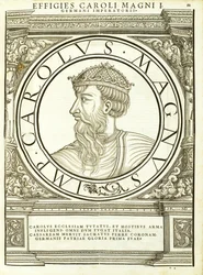 Carolus Magnus, Illustration aus Imperatorum romanorum omnium orientalium et occidentalium verissimae imagines ex antiquis numismatis, Holzschnitt von Rudolph Wyssenbach, gedruckt von Andreas Gesner, Zürich